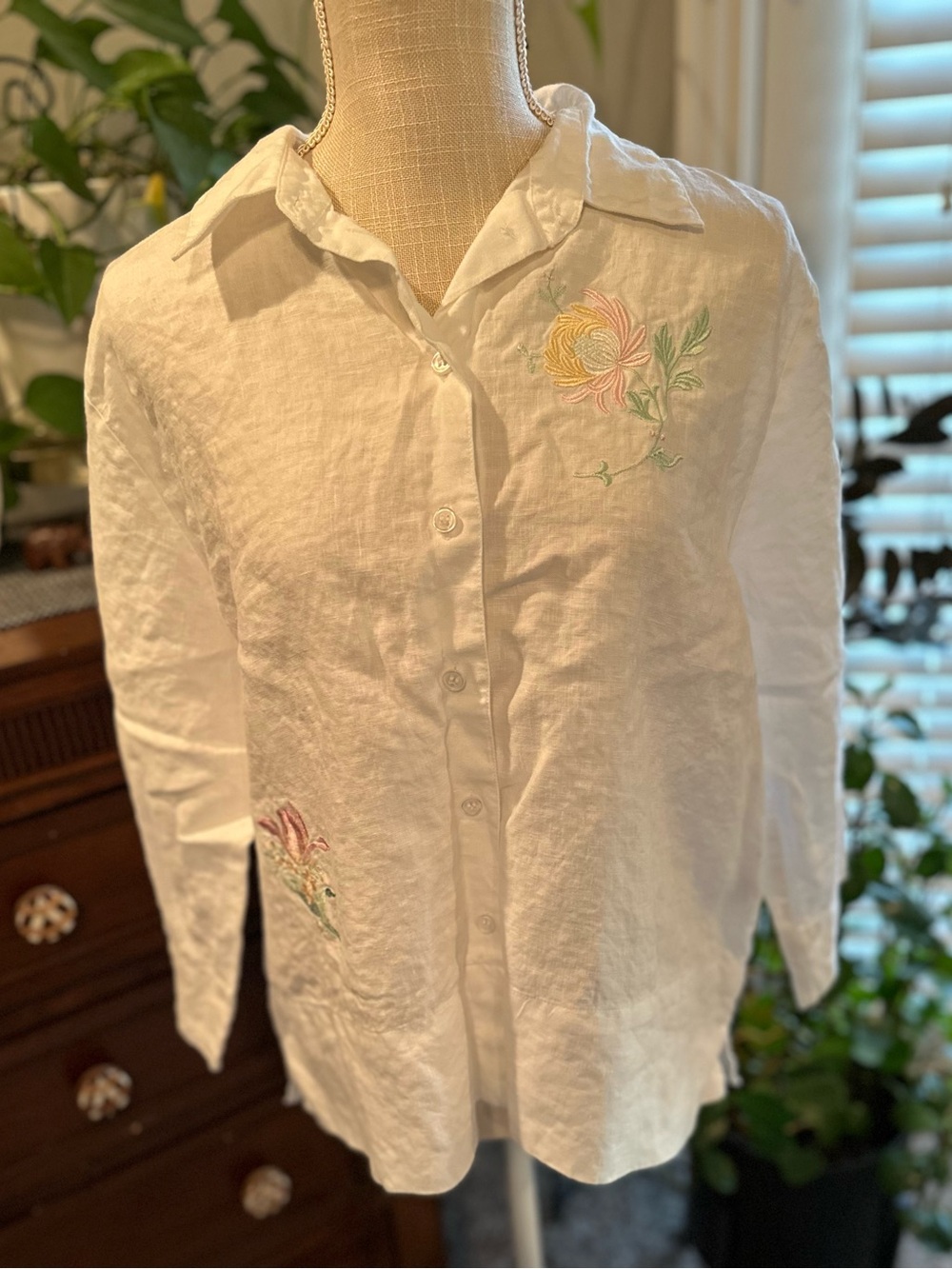 White Embroidered Button-Front Womens Shirt